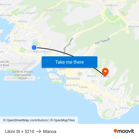 Likini St + 5210 to Manoa map