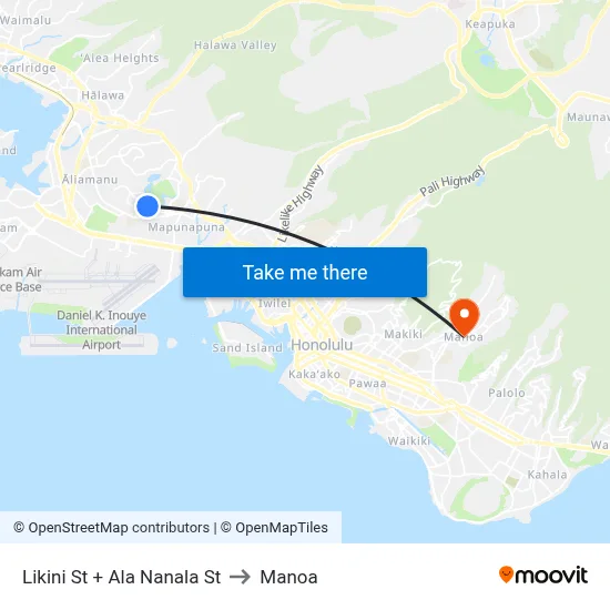 Likini St + Ala Nanala St to Manoa map