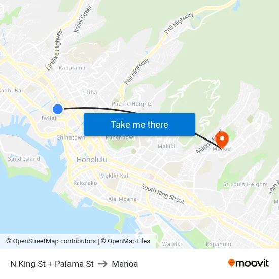 N King St + Palama St to Manoa map
