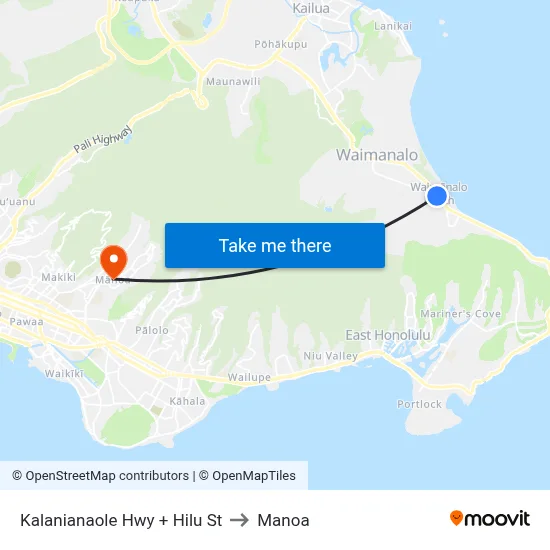 Kalanianaole Hwy + Hilu St to Manoa map