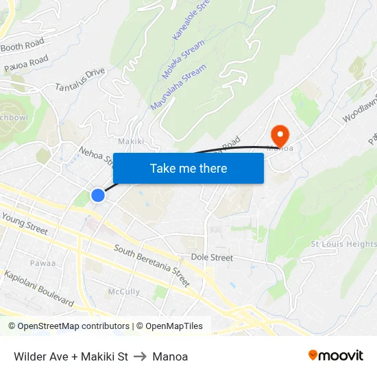 Wilder Ave + Makiki St to Manoa map