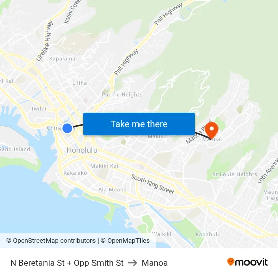 N Beretania St + Opp Smith St to Manoa map