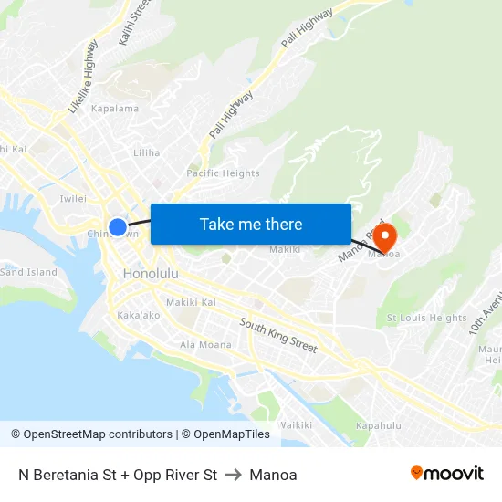 N Beretania St + Opp River St to Manoa map