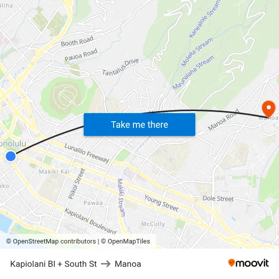 Kapiolani Bl + South St to Manoa map
