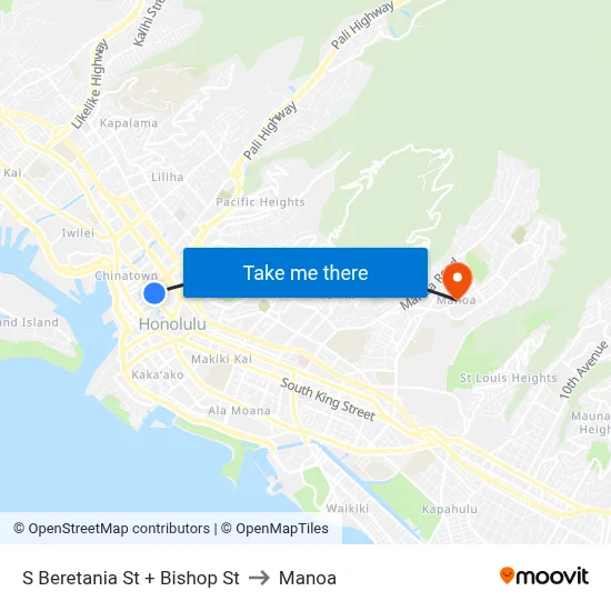 S Beretania St + Bishop St to Manoa map