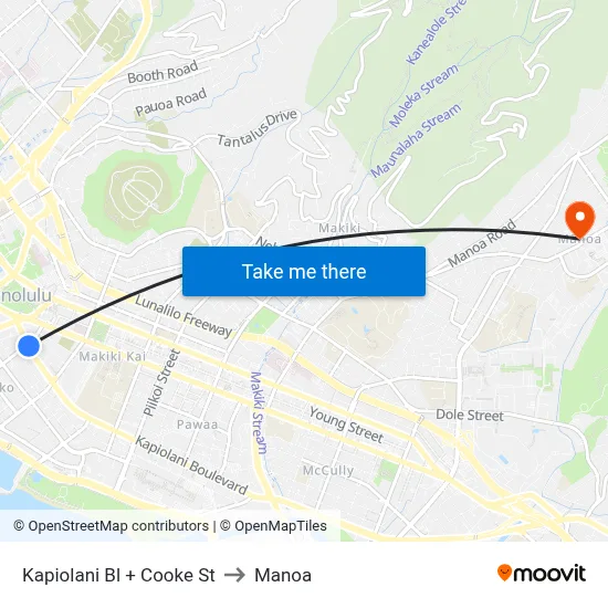 Kapiolani Bl + Cooke St to Manoa map