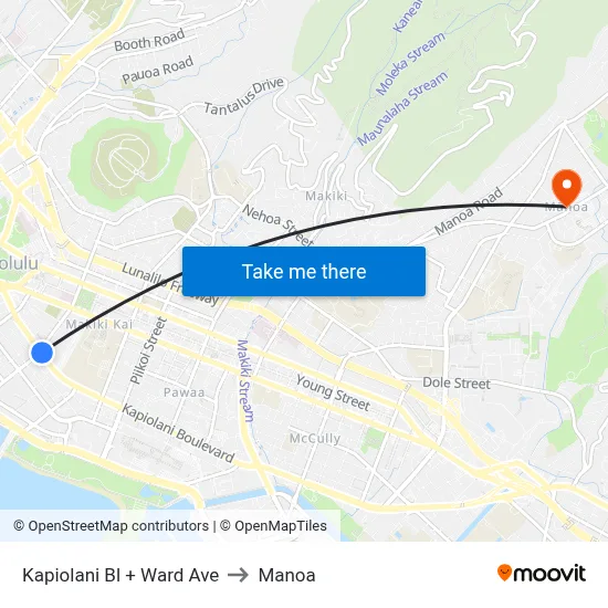 Kapiolani Bl + Ward Ave to Manoa map