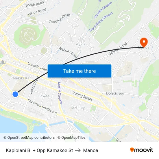 Kapiolani Bl + Opp Kamakee St to Manoa map