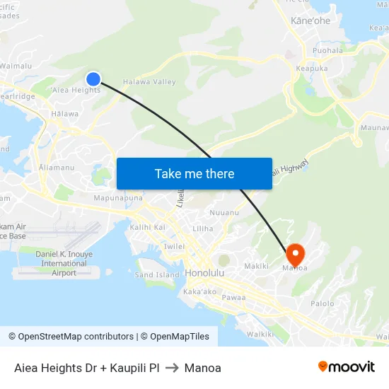 Aiea Heights Dr + Kaupili Pl to Manoa map