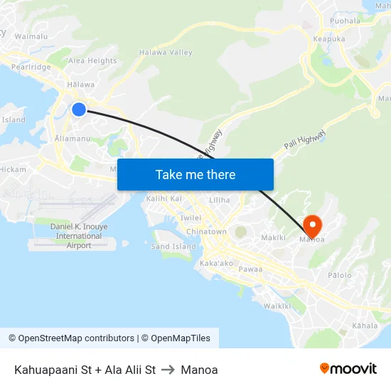 Kahuapaani St + Ala Alii St to Manoa map