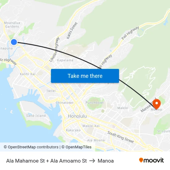 Ala Mahamoe St + Ala Amoamo St to Manoa map