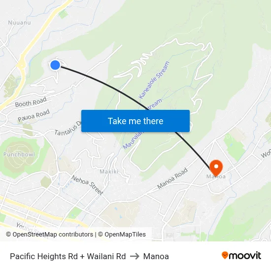 Pacific Heights Rd + Wailani Rd to Manoa map