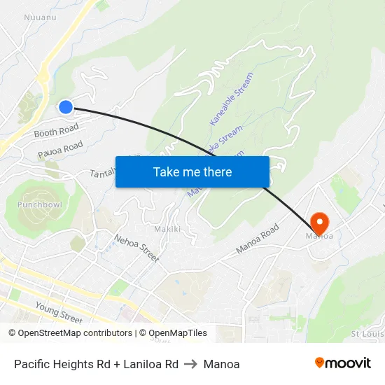 Pacific Heights Rd + Laniloa Rd to Manoa map