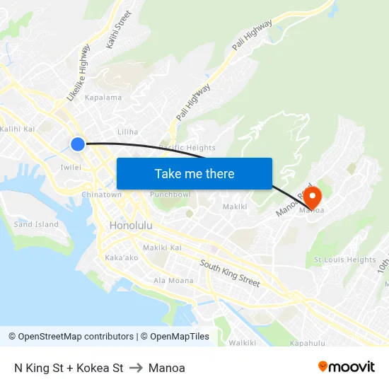 N King St + Kokea St to Manoa map