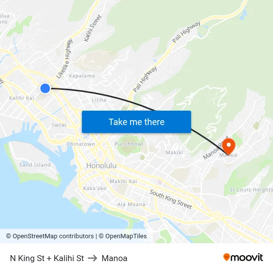 N King St + Kalihi St to Manoa map