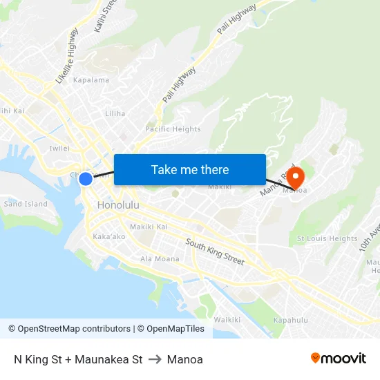 N King St + Maunakea St to Manoa map