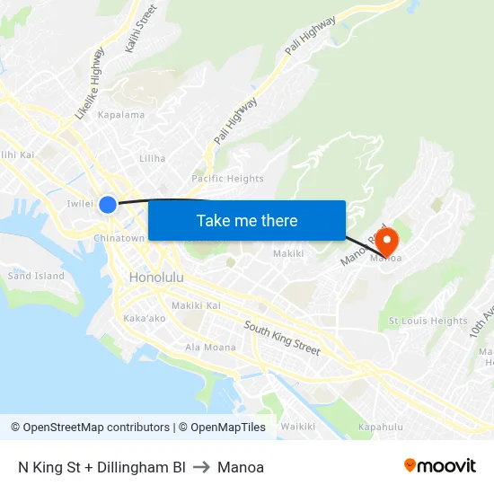 N King St + Dillingham Bl to Manoa map