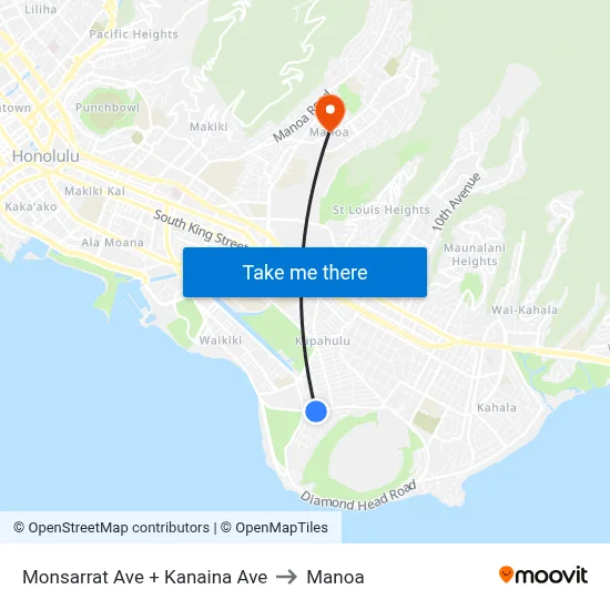 Monsarrat Ave + Kanaina Ave to Manoa map