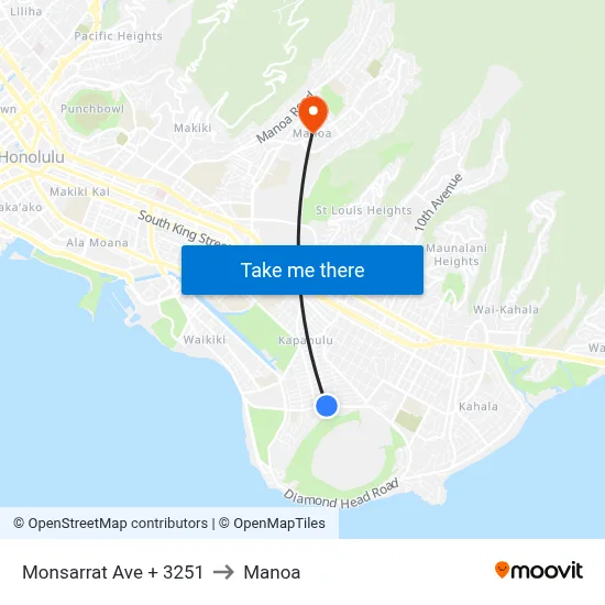 Monsarrat Ave + 3251 to Manoa map