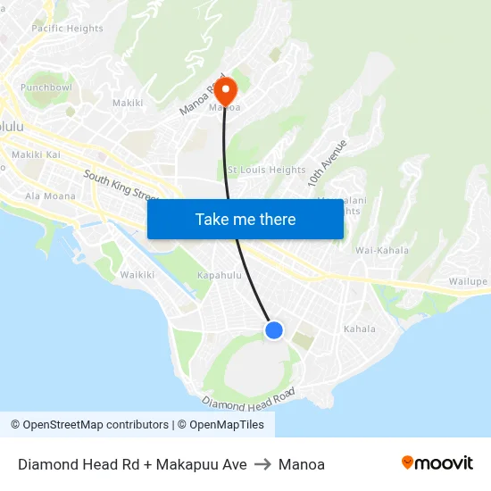 Diamond Head Rd + Makapuu Ave to Manoa map