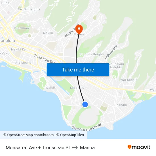 Monsarrat Ave + Trousseau St to Manoa map