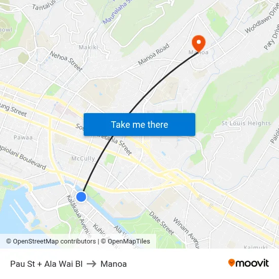 Pau St + Ala Wai Bl to Manoa map