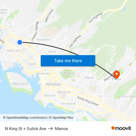 N King St + Gulick Ave to Manoa map