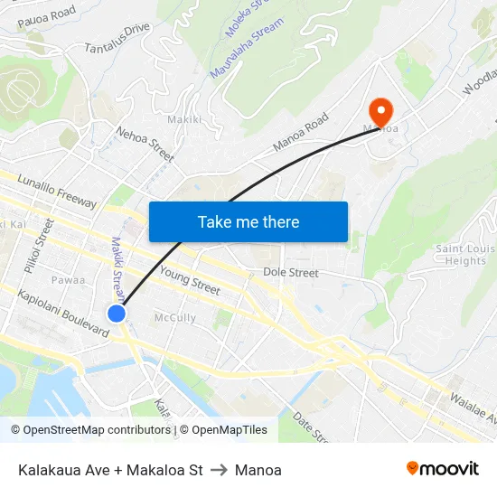 Kalakaua Ave + Makaloa St to Manoa map