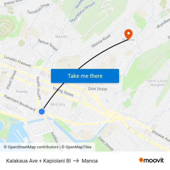 Kalakaua Ave + Kapiolani Bl to Manoa map