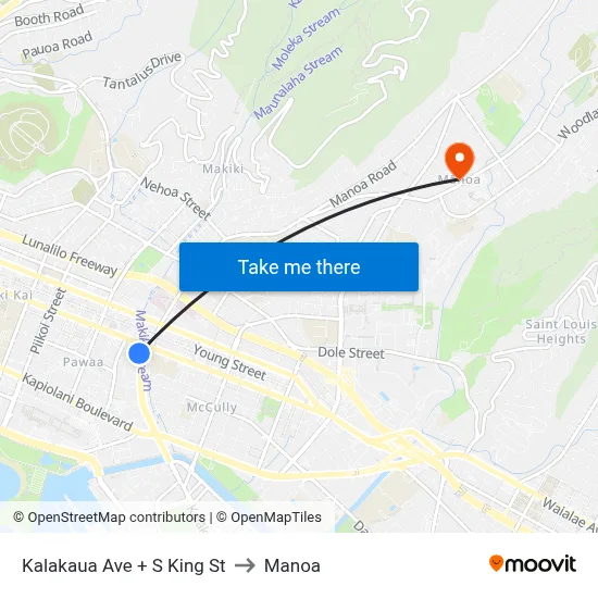 Kalakaua Ave + S King St to Manoa map