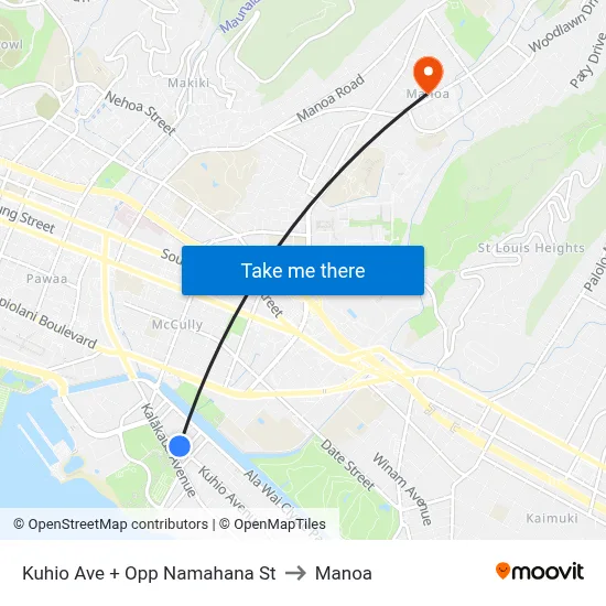 Kuhio Ave + Opp Namahana St to Manoa map