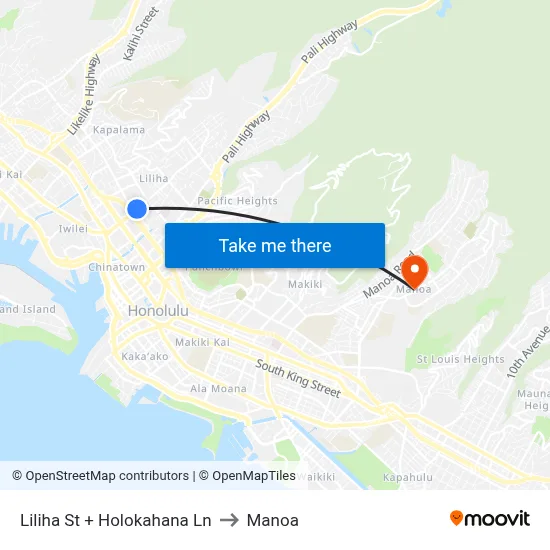 Liliha St + Holokahana Ln to Manoa map