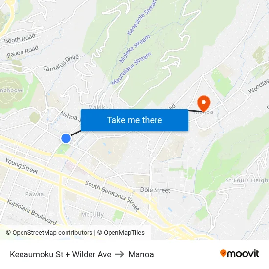 Keeaumoku St + Wilder Ave to Manoa map