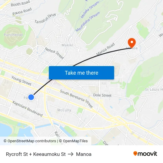 Rycroft St + Keeaumoku St to Manoa map