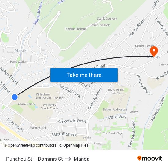 Punahou St + Dominis St to Manoa map