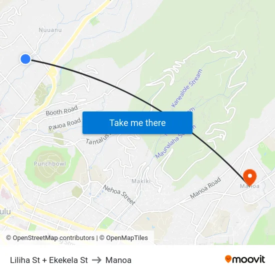 Liliha St + Ekekela St to Manoa map