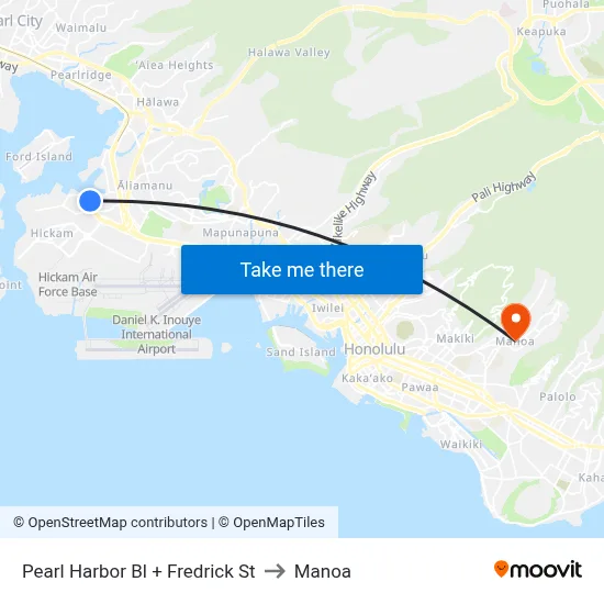 Pearl Harbor Bl + Fredrick St to Manoa map