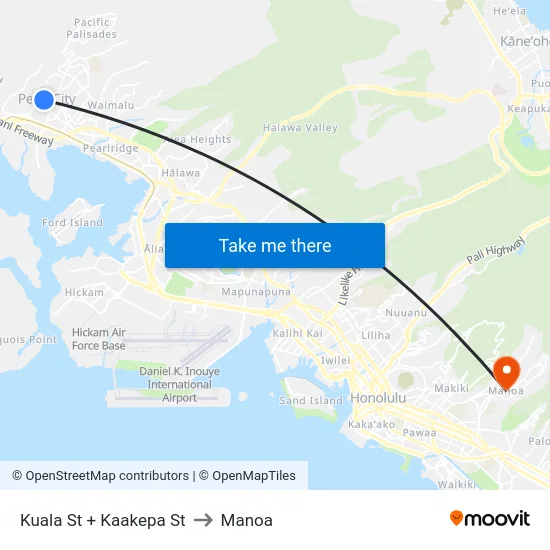 Kuala St + Kaakepa St to Manoa map
