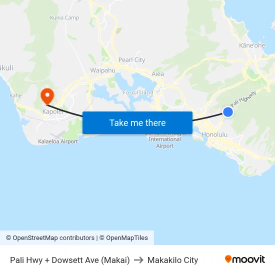 Pali Hwy + Dowsett Ave (Makai) to Makakilo City map