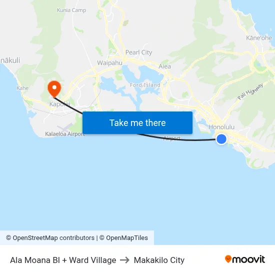 Ala Moana Bl + Ward Village to Makakilo City map