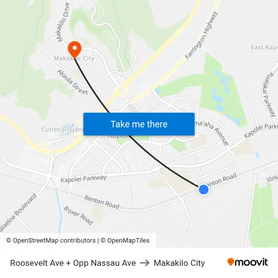Roosevelt Ave + Opp Nassau Ave to Makakilo City map