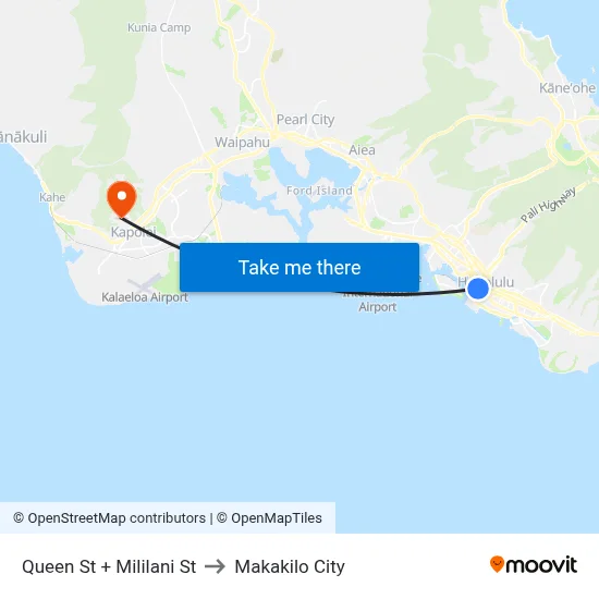 Queen St + Mililani St to Makakilo City map