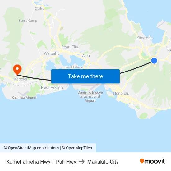 Kamehameha Hwy + Pali Hwy to Makakilo City map