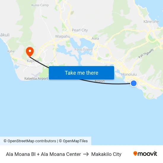 Ala Moana Bl + Ala Moana Center to Makakilo City map