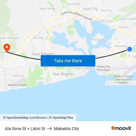 Ala Ilima St + Likini St to Makakilo City map