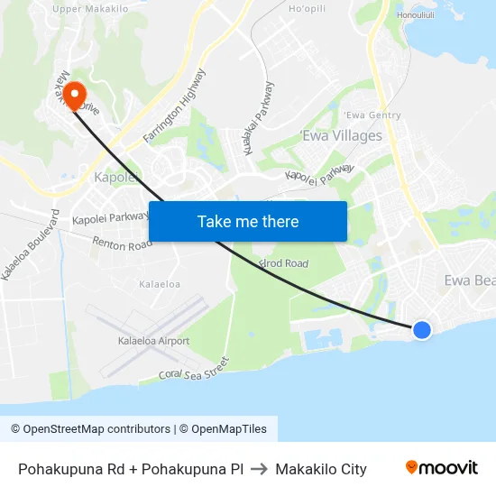 Pohakupuna Rd + Pohakupuna Pl to Makakilo City map
