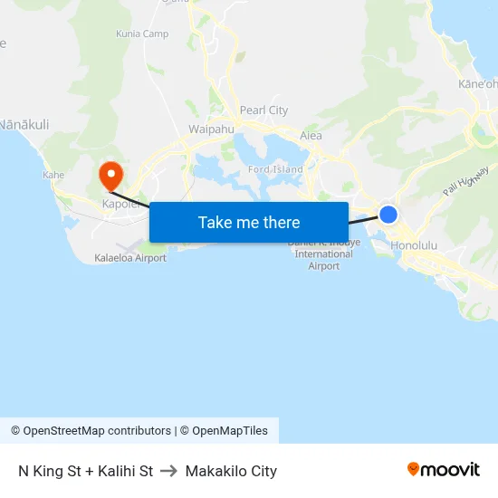N King St + Kalihi St to Makakilo City map