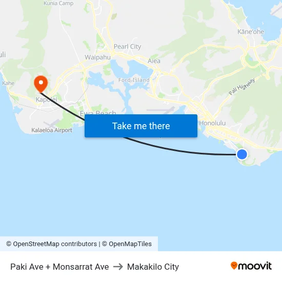 Paki Ave + Monsarrat Ave to Makakilo City map