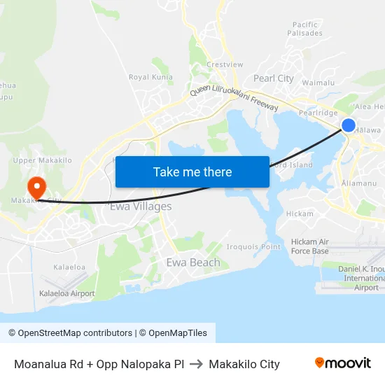 Moanalua Rd + Opp Nalopaka Pl to Makakilo City map