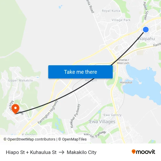 Hiapo St + Kuhaulua St to Makakilo City map